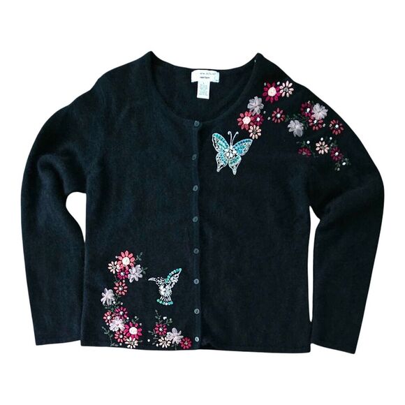 Y2K Black Beaded Embroidered Cardigan Angora Rabbit Wool Butterfly Bird Large - Picture 1 of 9